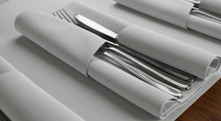 Neatly arranged silverware and napkins on table