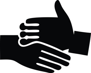 Two stylized black hands clasped together in a handshake symbolizing agreement partnership and collaboration in a simple graphic