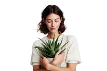 Woman tenderly embraces a potted aloe vera plant, embodying natural beauty, organic skincare, and overall wellness. Ideal for themes of health, purity, and sustainable living.
