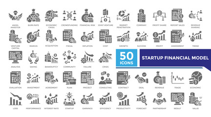 Startup financial model solid icon set collection. This set includes angel investor, market penetration, profit share, acquisition and more icons in solid style. Icons collection for infographics