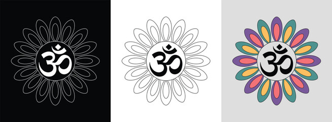 Om symbol mandala with radial petals and bright contrasting colors for spiritual decor.
