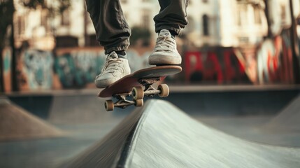 Skateboarder performing trick at an outdoor skatepark