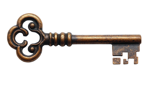 Old rusty metal key isolated on white, an antique object of aged steel and iron, ready to unlock a vintage door.
