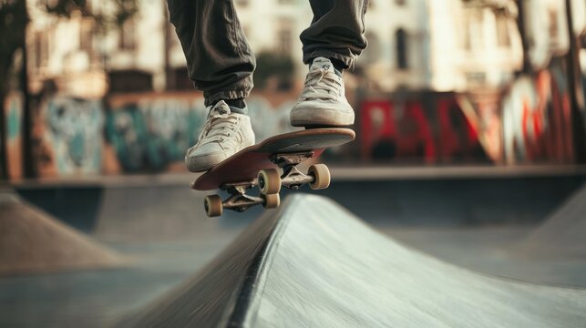 Skateboarder performing trick at an outdoor skatepark