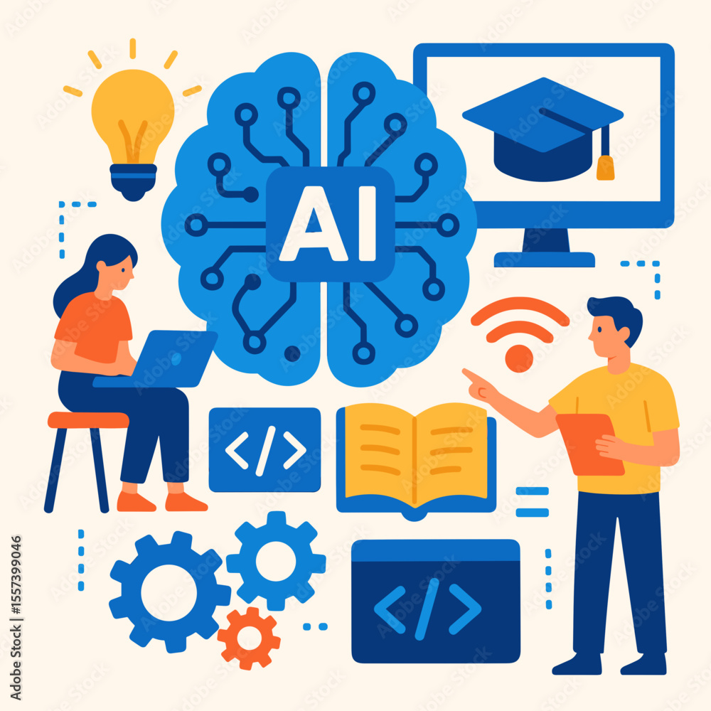 Poster flat illustration artificial intelligence concept with learning and technology elements