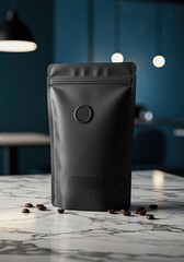 Luxury coffee packaging mockup featuring a blank black bag with a valve and label space, standing on a marble table in a modern, elegant interior.