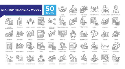Startup financial model lineal icon set collection. This set includes angel investor, market penetration, profit share, acquisition and more icons in lineal style. Icons collection for infographics