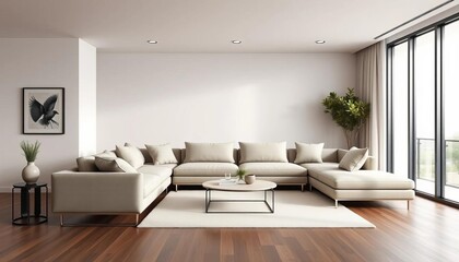Fototapeta premium Neutral sectional sofa in minimalist modern living room with large window, interior, living room