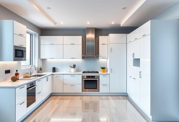 Modern minimalist kitchen interior with sleek cabinetry and stainless steel appliances, countertops, simple
