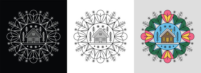 Snowy cabin mandala with trees, snowflakes, and bright winter colors for seasonal decor.