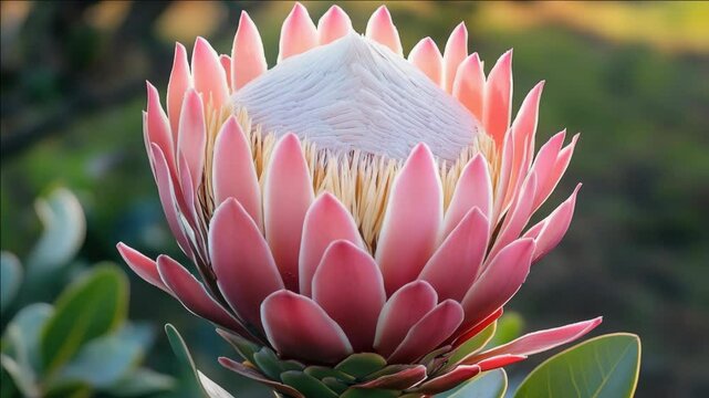 A vibrant pink protea flower in full bloom with its distinctive, spiky texture and a fuzzy center. Taken outdoors during daylight.