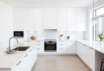 Modern minimalist kitchen with sleek white cabinets and quartz countertops,  light,  background