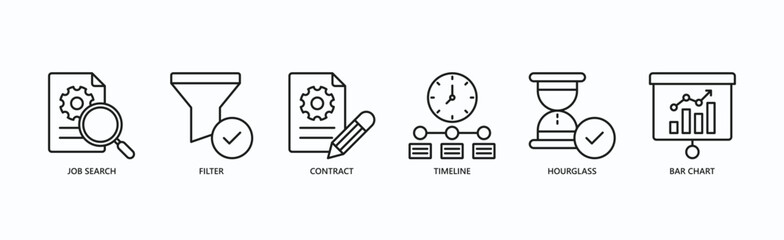 Employment Essentials Icon Set Isolated Vector Illustration Concept With Icon Of Job Search, Filter, Contract, Timeline, Hourglass, Bar Chart In Outline Style