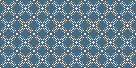 Fototapeta premium Abstract minimal diamond grid ornament. Vector seamless pattern with floral geometric lattice, small stars, lines, leaves. Simple elegant blue background. Repeated design for wallpaper, textile, print