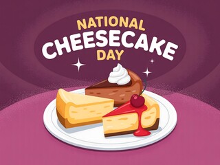 Three cheesecake slices on a white plate celebrating national cheesecake day event