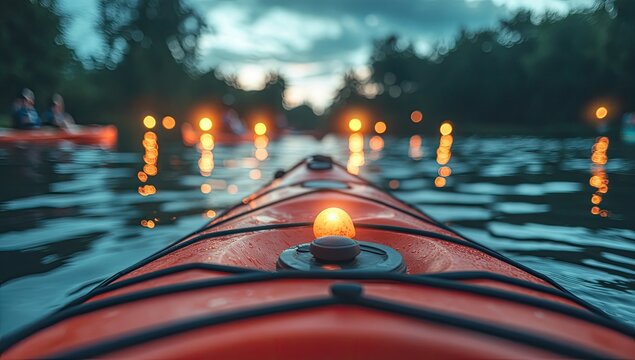 Kayaking at dusk on a calm river, lit by floating lanterns