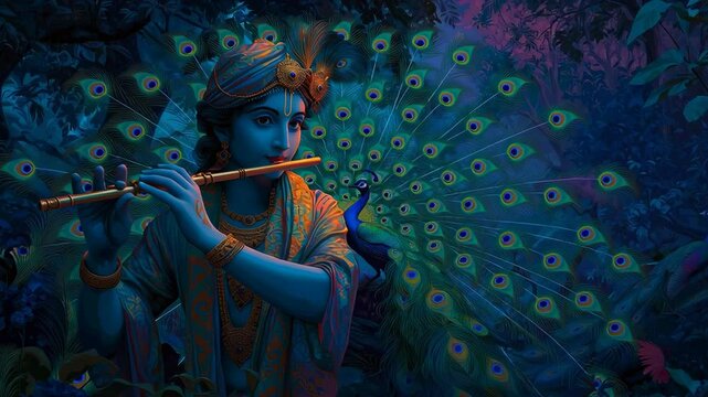 Lord Krishna is depicted playing the flute in a serene moonlit forest, with a vibrant peacock by his side, evoking divine tranquility and spiritual beauty.