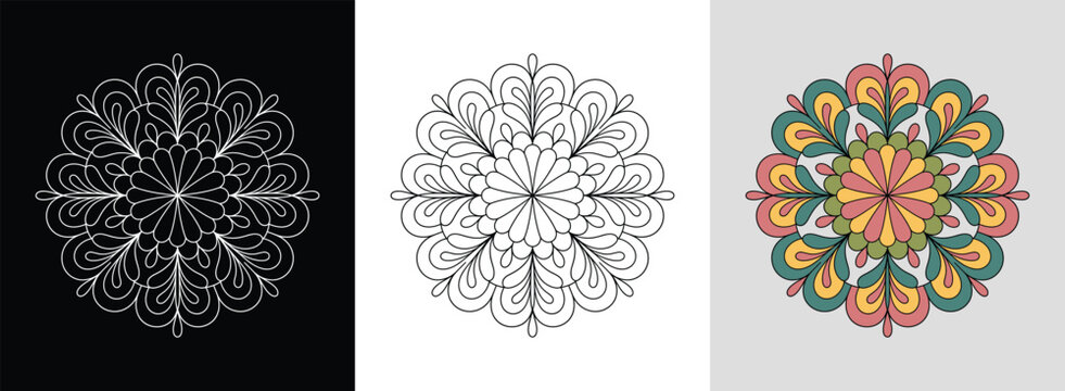 Vintage medallion floral mandala with elegant lines and bold hues for classic decor.