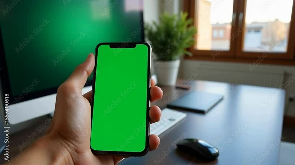 Poster a person is holding a smartphone with a green screen in a workspace featuring a computer and a plant