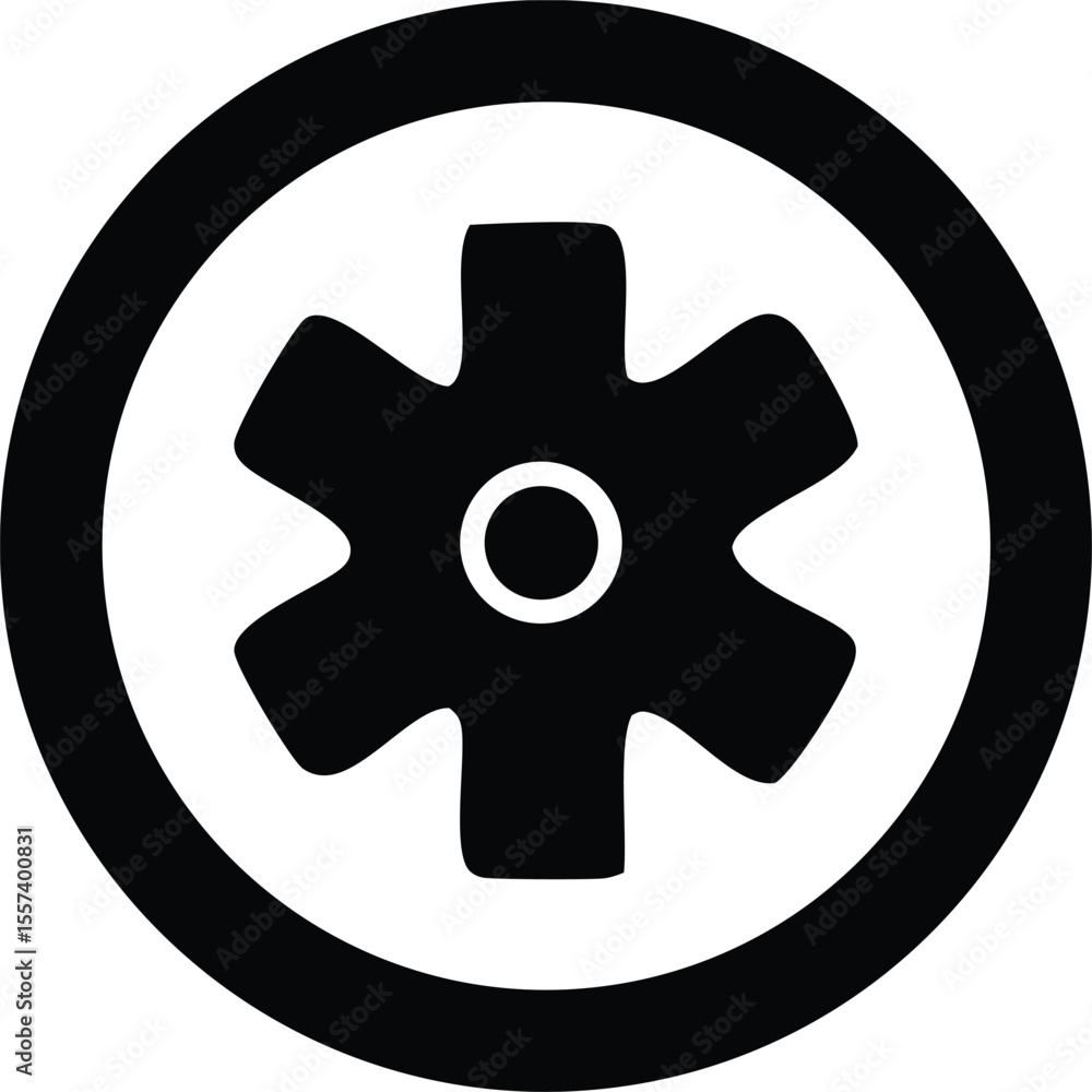 Poster simple black and white graphic icon featuring a six pointed star shape with a central circle enclose