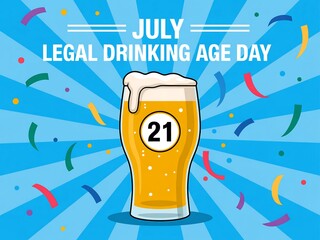 Illustration celebrating legal drinking age day in july with beer and confetti