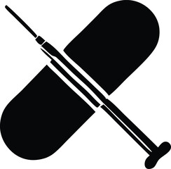 Stylized black silhouette of a medical syringe piercing through a large black capsule on a white background