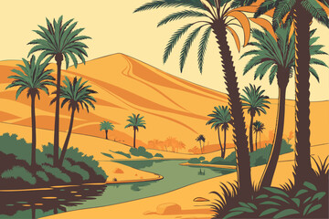 Warm Desert Oasis Illustration with a Cat Featuring Orange and Gold Tones