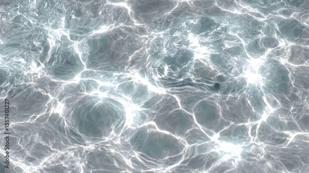 Poster clear water surface with sunlight reflections creating intricate, wavy patterns and small swirling w