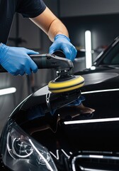 Polishing Black Car Hood with Power Buffer During Professional Auto Detailing Session