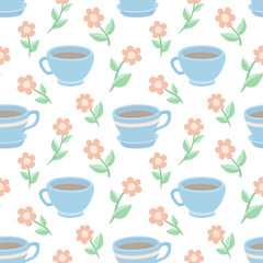 Floral seamless pattern with tea cups