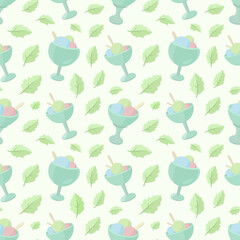 Seamless pattern with ice cream glasses and leaves