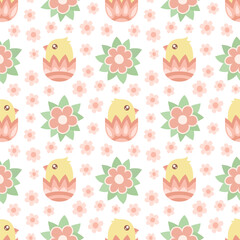 Seamless pattern with easter chicks and flowers