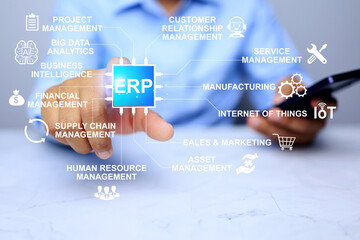 ERP Enterprise Resource Planning concept with businessman pointing to operational processes in manufacturing technology and planning operation business system by software