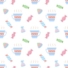 Cozy seamless pattern with hot teacups and candies