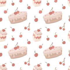 Seamless pattern with sweet cherry cake
