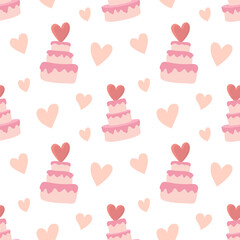 Romantic seamless pattern with heart topped cake