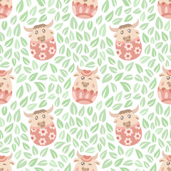 Seamless pattern with cute bulls and leaves