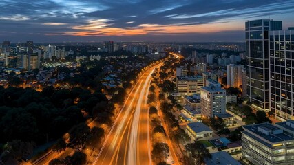 Aerial view of a bustling city in India at dusk, with illuminated buildings and light trails from traffic creating a vibrant urban scene under a dramatic evening sky.