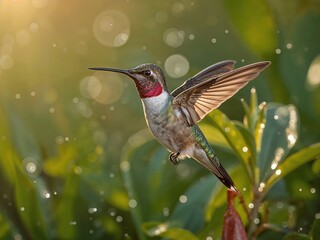 Fototapeta premium Majestic Hummingbird in Morning Sun with Dewy Petals and Vibrant Feather Detail