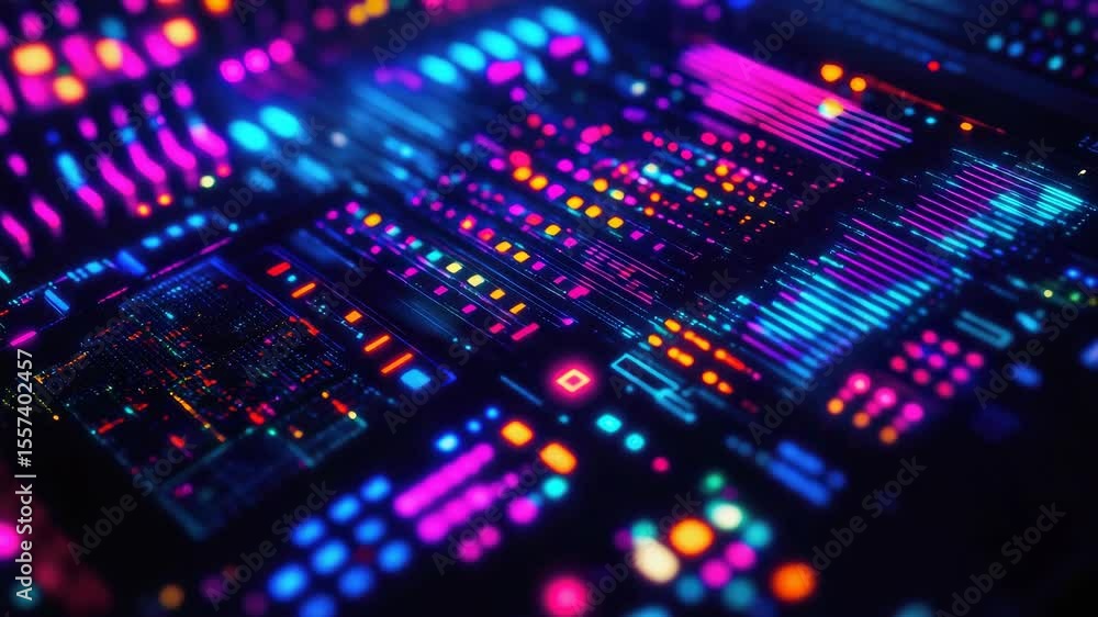 Poster close-up view of digital circuit board with numerous colorful light-emitting diodes (leds). vibrant 