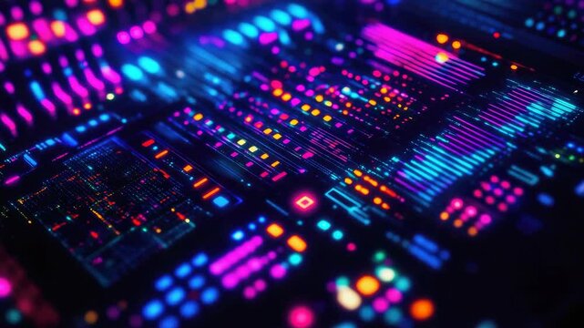 Close-up view of digital circuit board with numerous colorful light-emitting diodes (LEDs). Vibrant colors and complex patterns suggest high-tech, modern electronics.