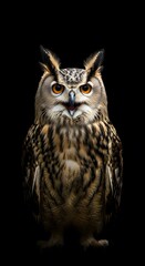 Fototapeta premium Majestic Owl Portrait A Detailed Close-Up of an Eurasian Eagle Owl Against a Black Background Showcasing Feathers and Eye Detail