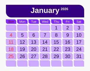 Letter calendar for January 2026. The week begins on Sunday. Time, planning, schedule concept, and includes notes. Flat design. Removable calendar for the month. Red and white color. Vector illustrati