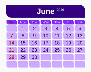 Letter calendar for June 2026. The week begins on Sunday. Time, planning, schedule concept, and includes notes. Flat design. Removable calendar for the month. Red and white color. Vector illustration.
