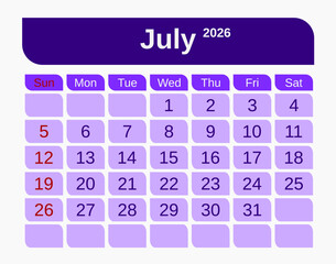 Letter calendar for July 2026. The week begins on Sunday. Time, planning, schedule concept, and includes notes. Flat design. Removable calendar for the month. Red and white color. Vector illustration.