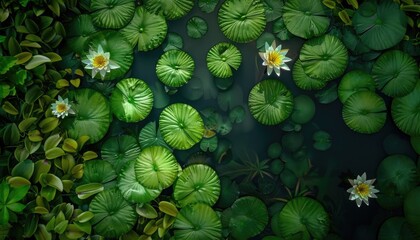 A top-down view of a pond filled with vibrant lily pads and flowers.