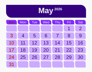 Letter calendar for May 2026. The week begins on Sunday. Time, planning, schedule concept, and includes notes. Flat design. Removable calendar for the month. Red and white color. Vector illustration.