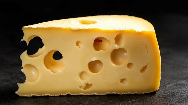 Whole piece of swiss cheese with one bite mark missing.