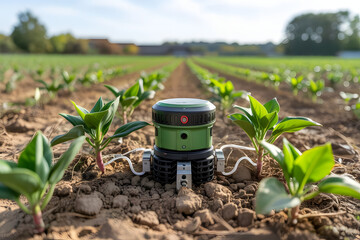 Close-up of precision farming equipment analyzing soil with digital sensors, embedded in nutrient-rich earth, surrounded by healthy plants, bright daylight, no animals or humans