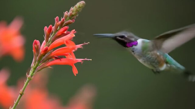 Hummingbird hovering and feeding on vibrant red tropical flower